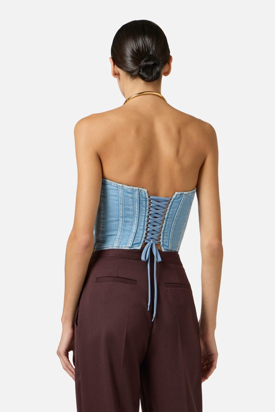 Elisabetta Franchi Top Crop In Jeans con Criss-cross LIGHT BLUE