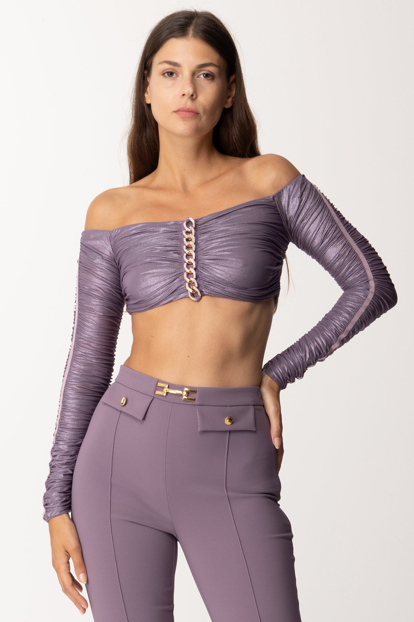 Elisabetta Franchi Woman Top Crop In Laminated Jersey with Chain