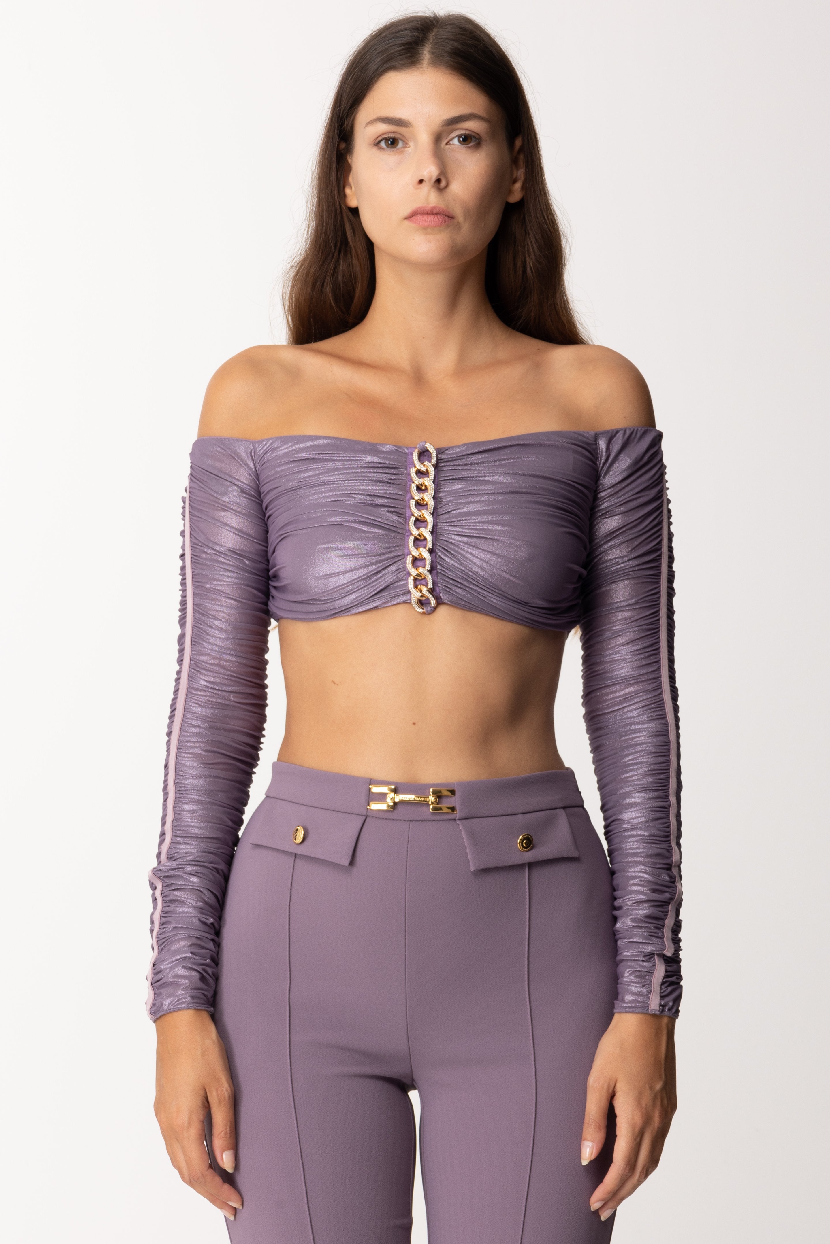 Elisabetta Franchi Woman Top Crop In Laminated Jersey with Chain