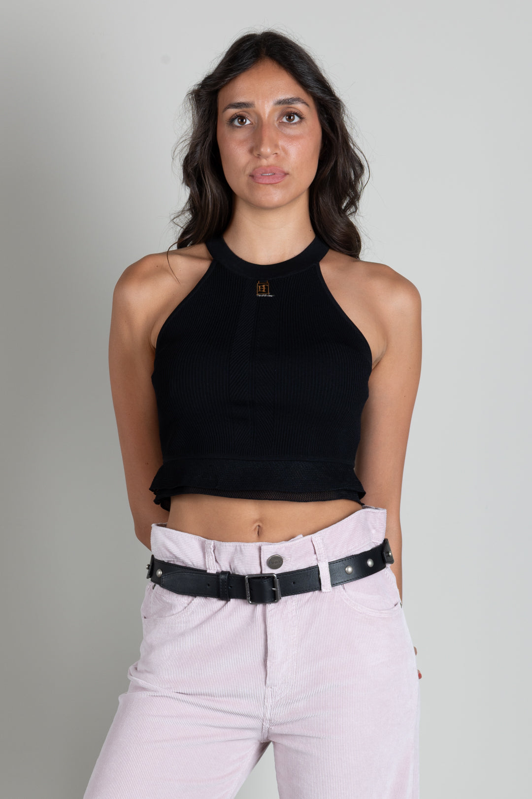 Elisabetta Franchi Top Crop In Maglia a Costine con Logo TK08B66E2 NERO