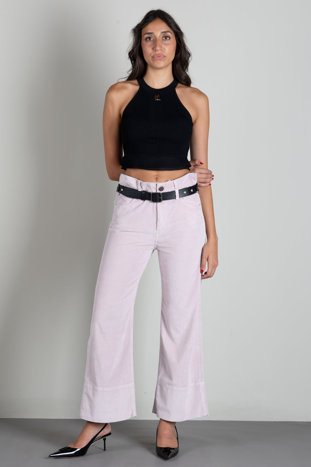 Elisabetta Franchi Top Crop In Maglia a Costine con Logo TK08B66E2 NERO