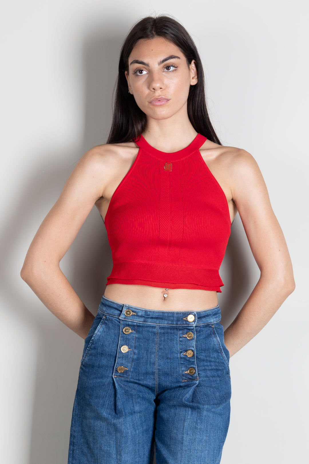 Elisabetta Franchi Top Crop In Maglia a Costine con Logo TK08B66E2 RED PASSION