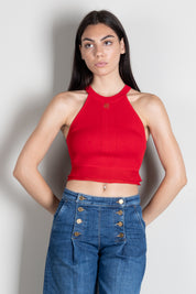 Elisabetta Franchi Top Crop In Maglia a Costine con Logo TK08B66E2 RED PASSION