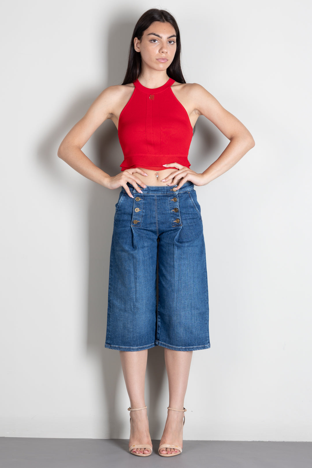 Elisabetta Franchi Top Crop In Maglia a Costine con Logo TK08B66E2 RED PASSION