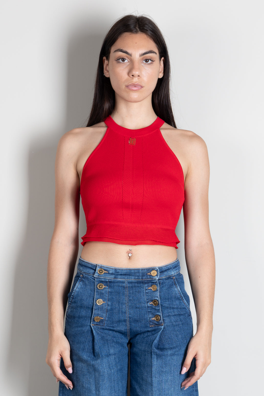Elisabetta Franchi Top Crop In Maglia a Costine con Logo TK08B66E2 RED PASSION