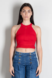 Elisabetta Franchi Top Crop In Maglia a Costine con Logo TK08B66E2 RED PASSION