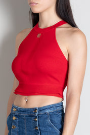 Elisabetta Franchi Top Crop In Maglia a Costine con Logo TK08B66E2 RED PASSION