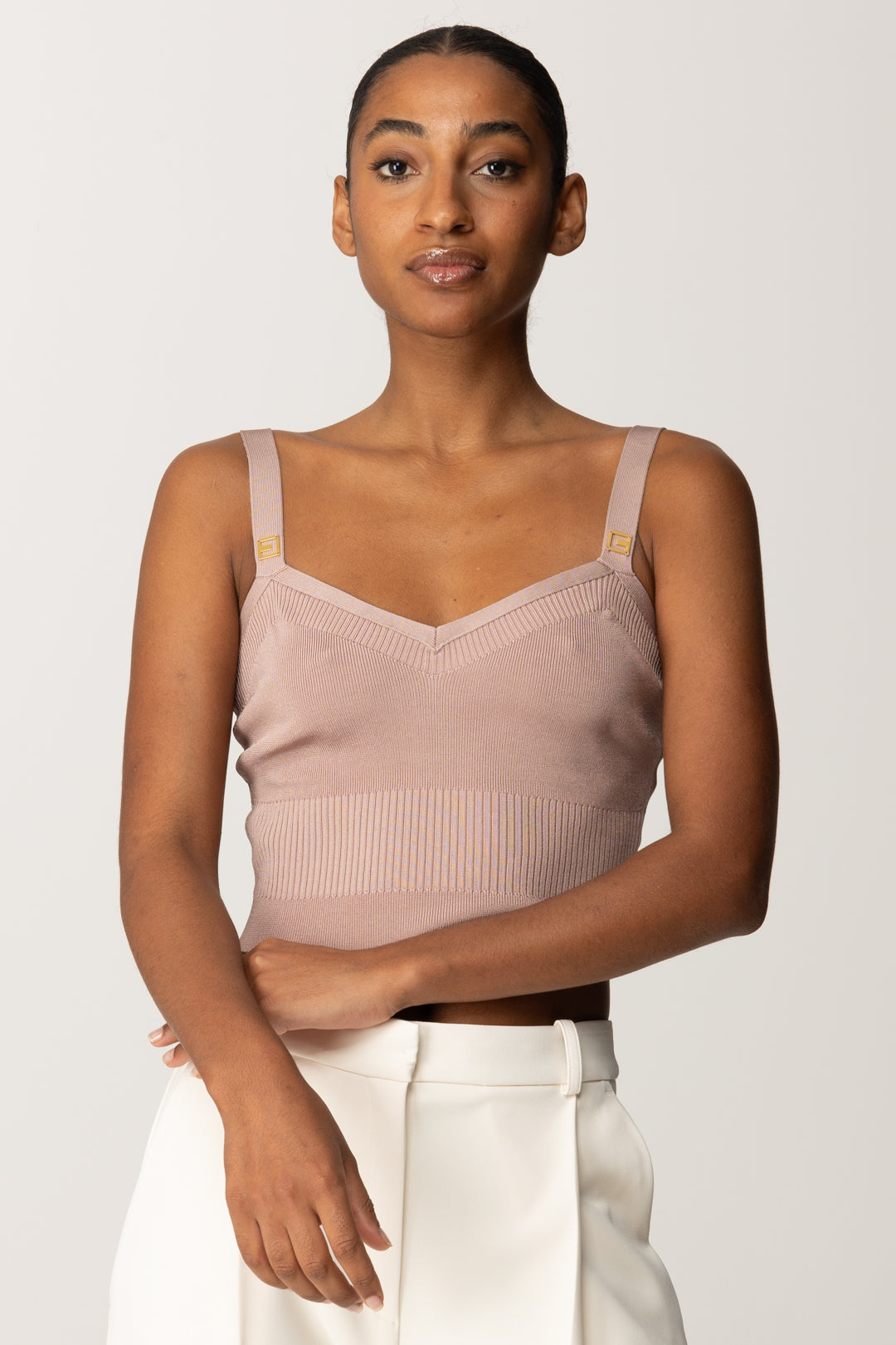 Elisabetta Franchi Top Crop In Maglia con Logo Alle Spalline TK61S56E2 SUNRISE