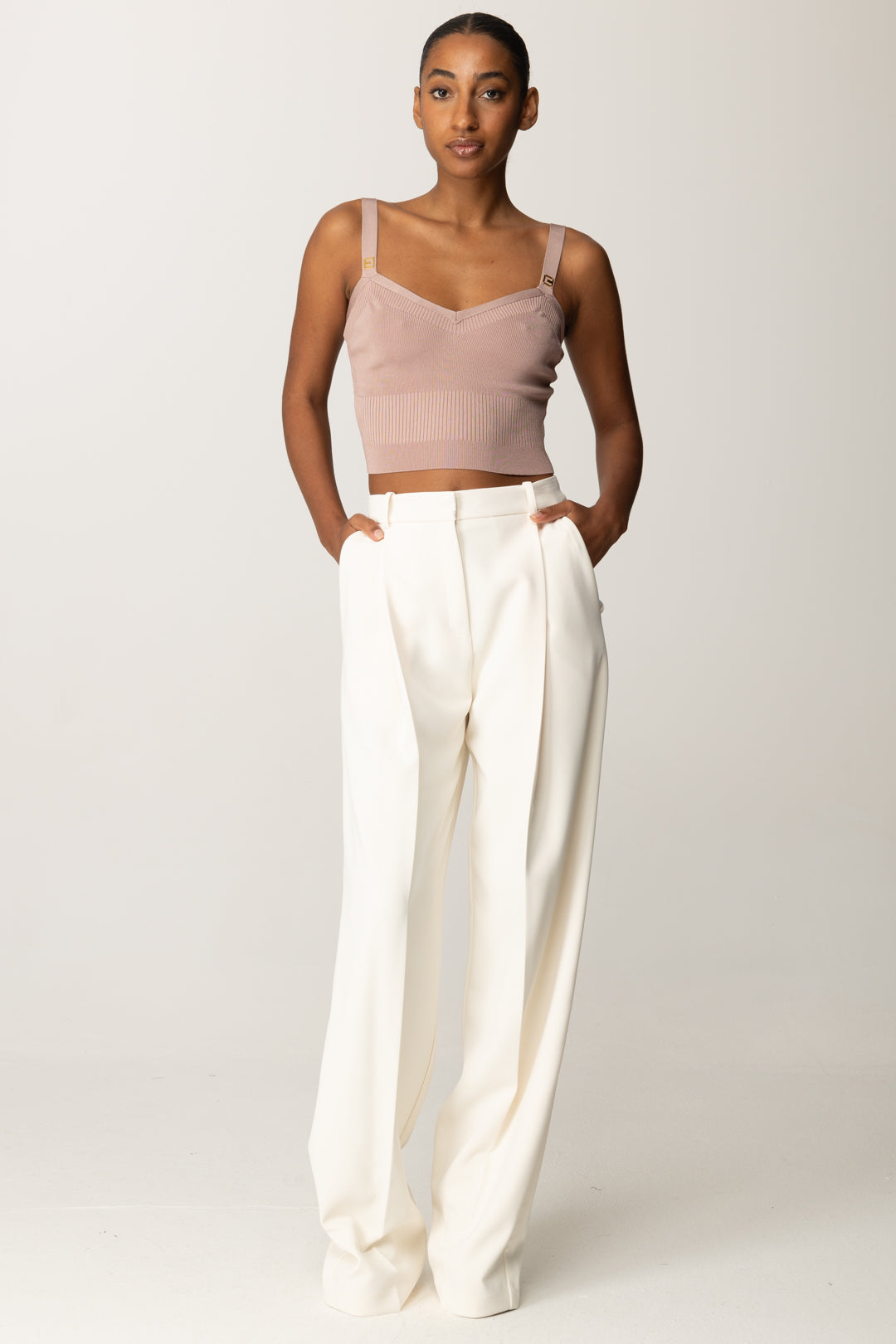 Elisabetta Franchi Top Crop In Maglia con Logo Alle Spalline TK61S56E2 SUNRISE