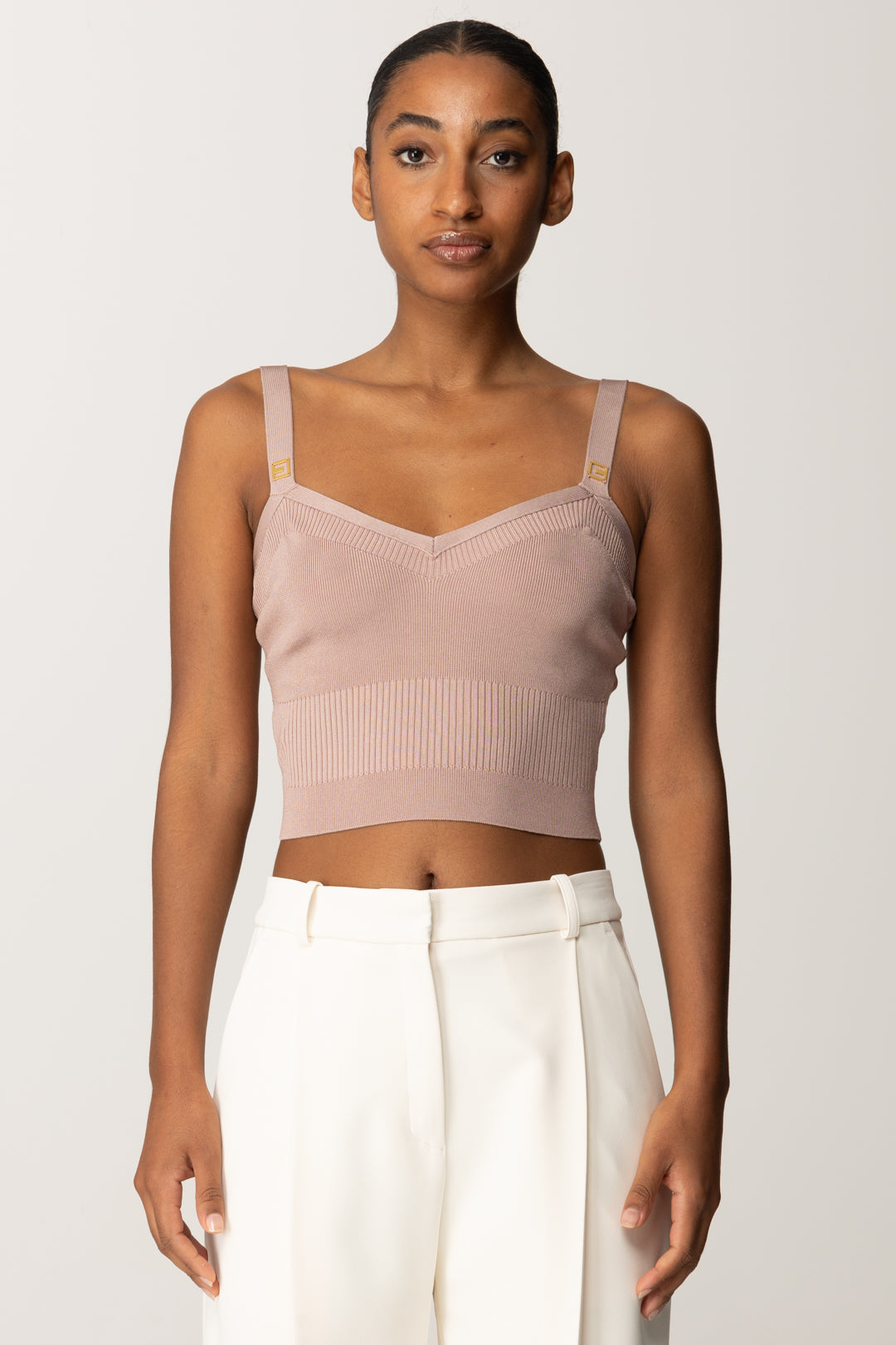 Elisabetta Franchi Top Crop In Maglia con Logo Alle Spalline TK61S56E2 SUNRISE