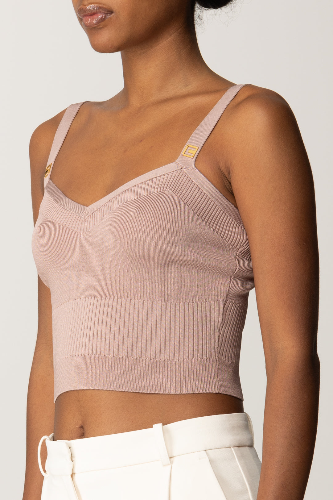 Elisabetta Franchi Top Crop In Maglia con Logo Alle Spalline TK61S56E2 SUNRISE