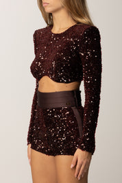 Elisabetta Franchi Top Crop In Paillettes con Spalline Strutturate TO04657E2 MERLOT