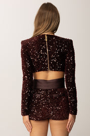 Elisabetta Franchi Top Crop In Paillettes con Spalline Strutturate TO04657E2 MERLOT