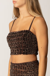 Elisabetta Franchi Top Crop In Tulle con Ricami Cocco TO04157E2 COFFEE