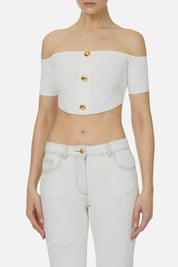 Elisabetta Franchi Top Crop Off-shoulder In Maglia con Bottoni Oro TK86B62E2 AVORIO