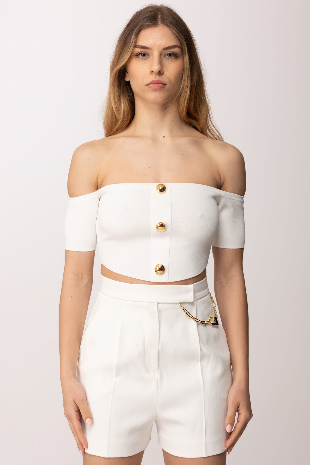 Elisabetta Franchi Top Crop Off-shoulder In Maglia con Bottoni Oro TK86B62E2 AVORIO