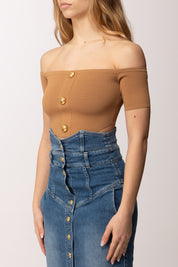 Elisabetta Franchi Top Crop Off-shoulder In Maglia con Bottoni Oro TK86B62E2 DAINO
