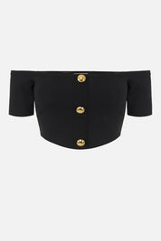Elisabetta Franchi Top Crop Off-shoulder In Maglia con Bottoni Oro TK86B62E2 NERO