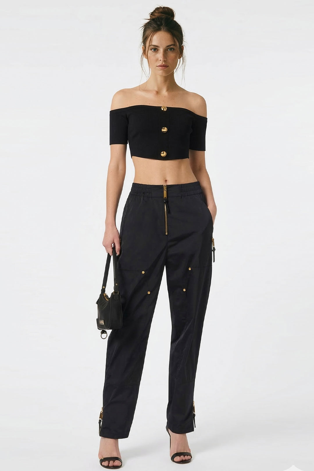 Elisabetta Franchi Top Crop Off-shoulder In Maglia con Bottoni Oro TK86B62E2 NERO