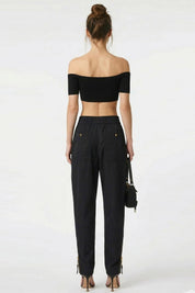 Elisabetta Franchi Top Crop Off-shoulder In Maglia con Bottoni Oro TK86B62E2 NERO