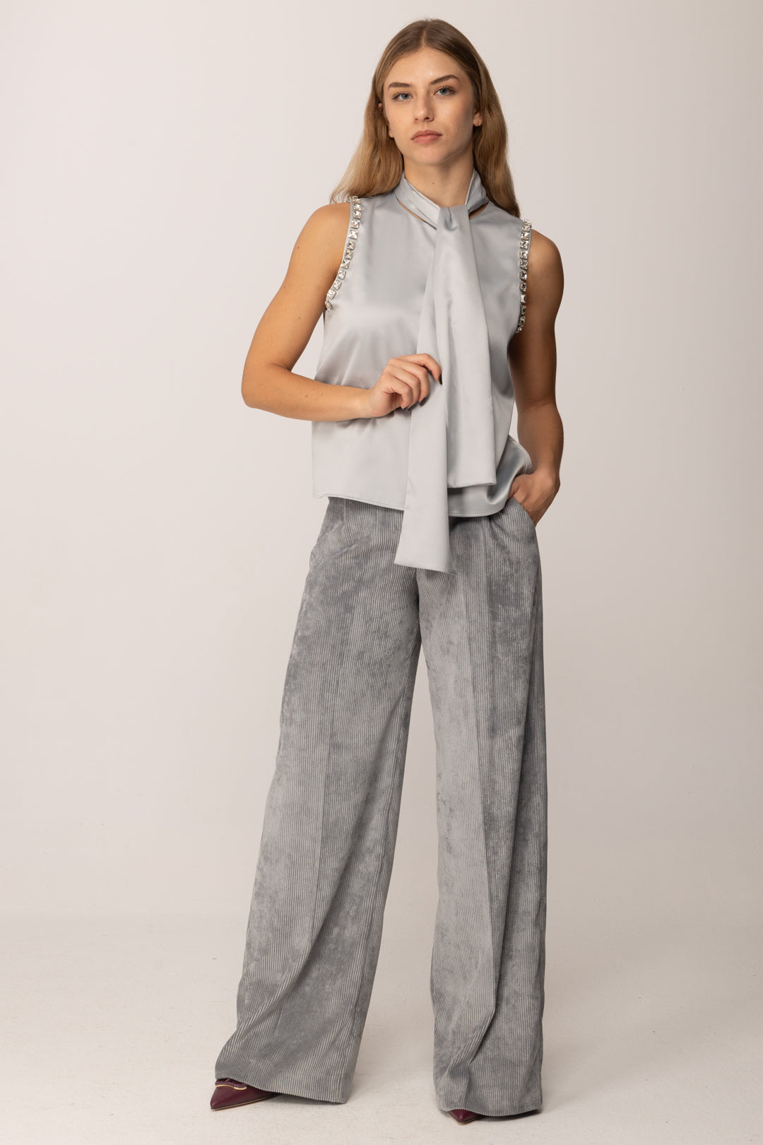 Pinko Top Enriqueta In Satin con Sciarpa e Strass GRIGIO-MONUMENTO GR.