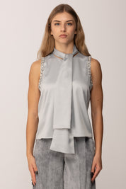 Pinko Top Enriqueta In Satin con Sciarpa e Strass GRIGIO-MONUMENTO GR.