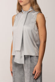 Pinko Top Enriqueta In Satin con Sciarpa e Strass GRIGIO-MONUMENTO GR.