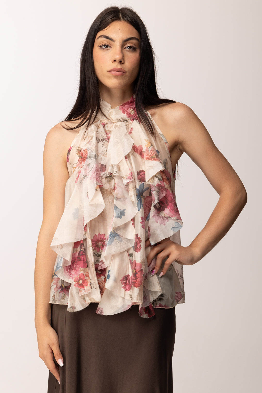 Khloe Femme Top Floreale con Ruches e Collo Alto H4529-Q72 FANTASIA 1