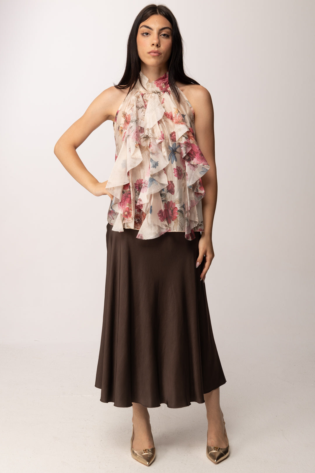 Khloe Femme Top Floreale con Ruches e Collo Alto H4529-Q72 FANTASIA 1