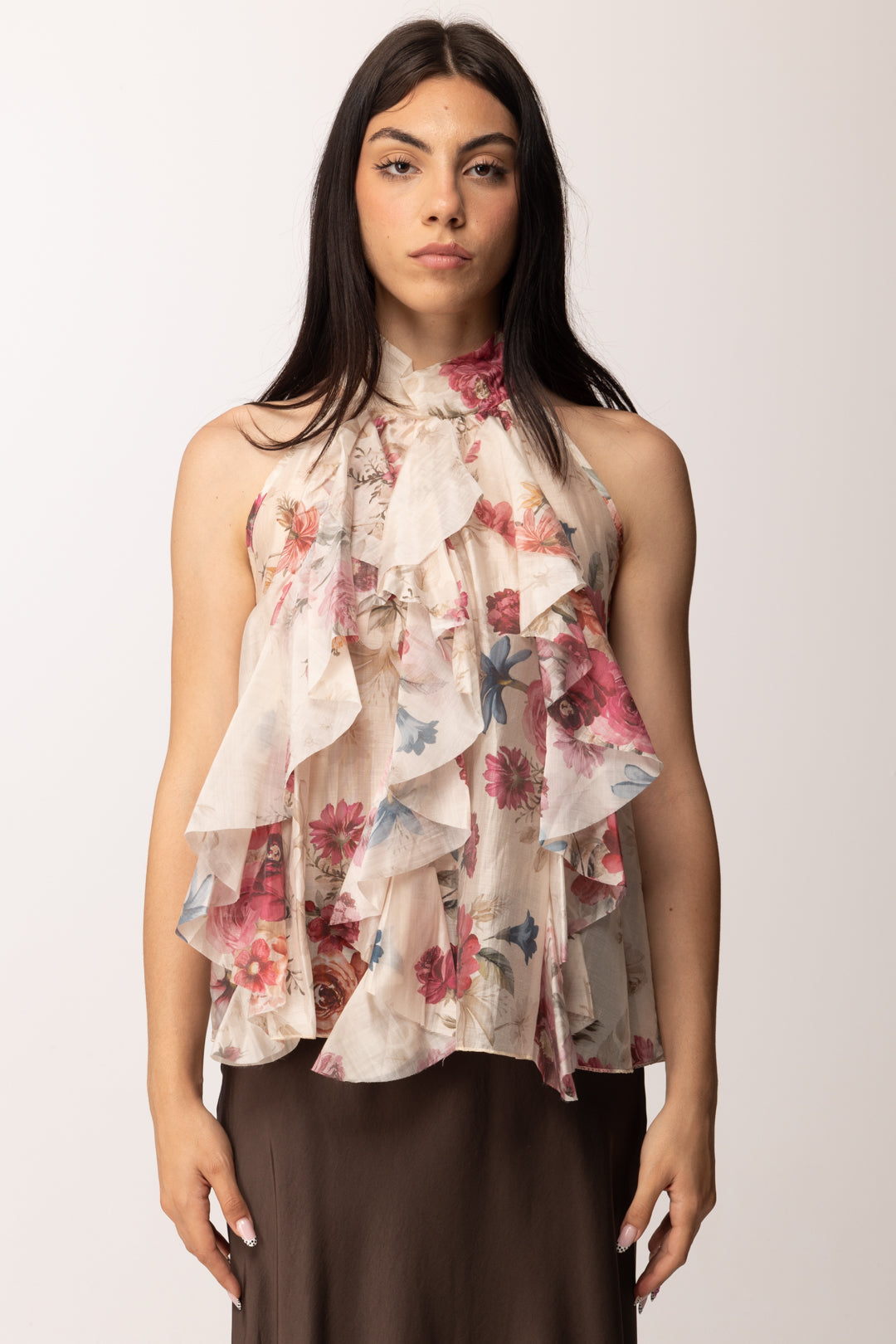 Khloe Femme Top Floreale con Ruches e Collo Alto H4529-Q72 FANTASIA 1
