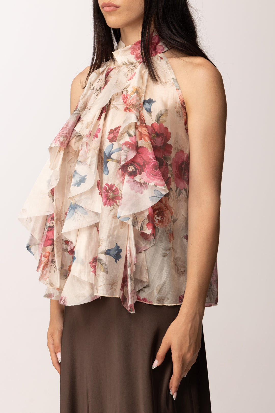 Khloe Femme Top Floreale con Ruches e Collo Alto H4529-Q72 FANTASIA 1