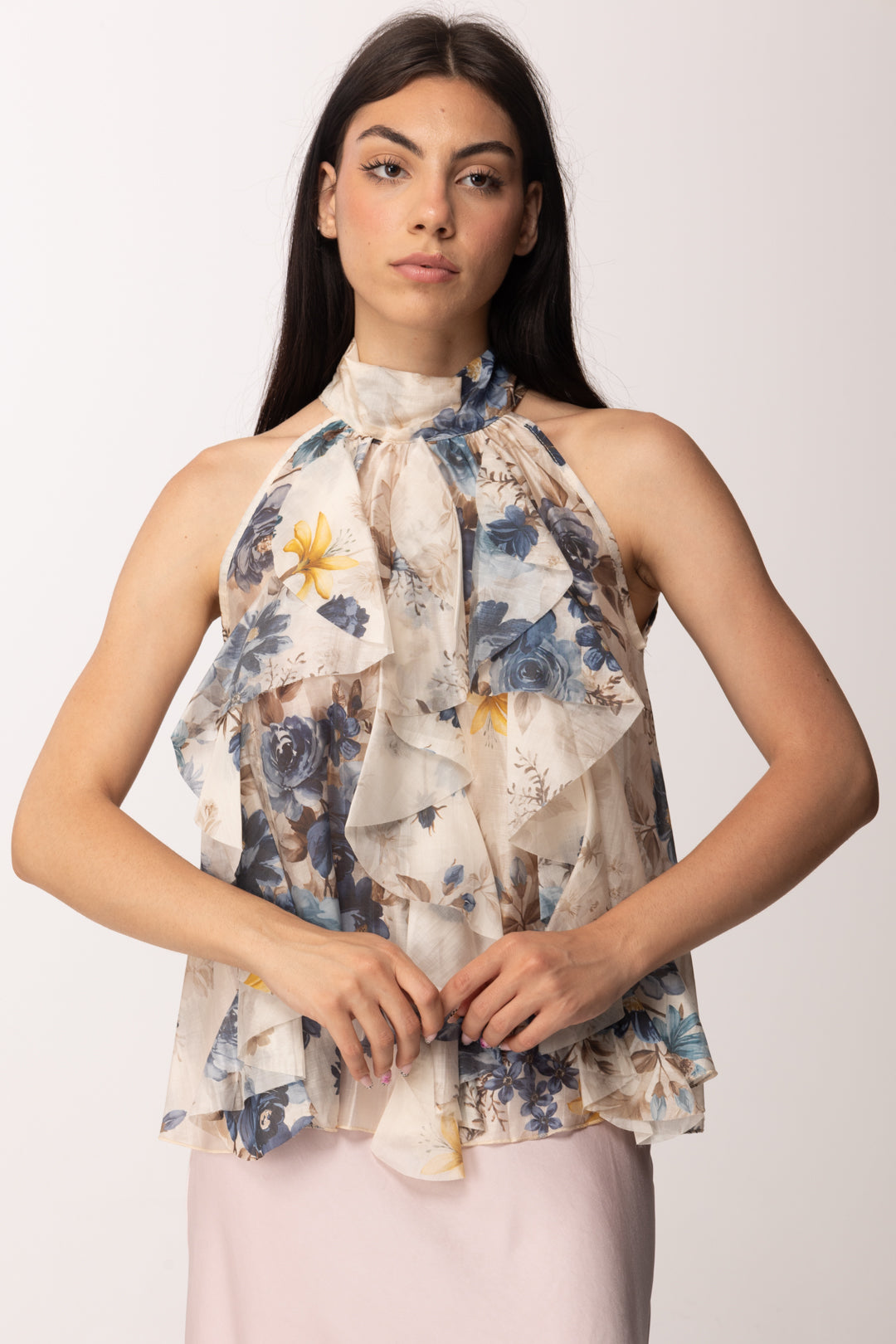 Khloe Femme Top Floreale con Ruches e Collo Alto H4529-Q72 FANTASIA 2