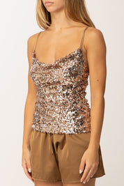 Khloe Femme Top Full Paillettes con Bretelle Sottili BRONZE