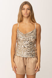 Khloe Femme Top Full Paillettes con Bretelle Sottili ORO