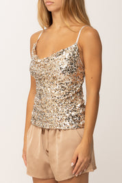 Khloe Femme Top Full Paillettes con Bretelle Sottili ORO