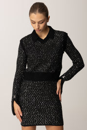 Patrizia Pepe Top Gilet In Maglia con Paillettes 2K0359 K299 NERO SILVER SEQUINS