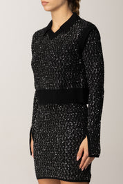 Patrizia Pepe Top Gilet In Maglia con Paillettes 2K0359 K299 NERO SILVER SEQUINS
