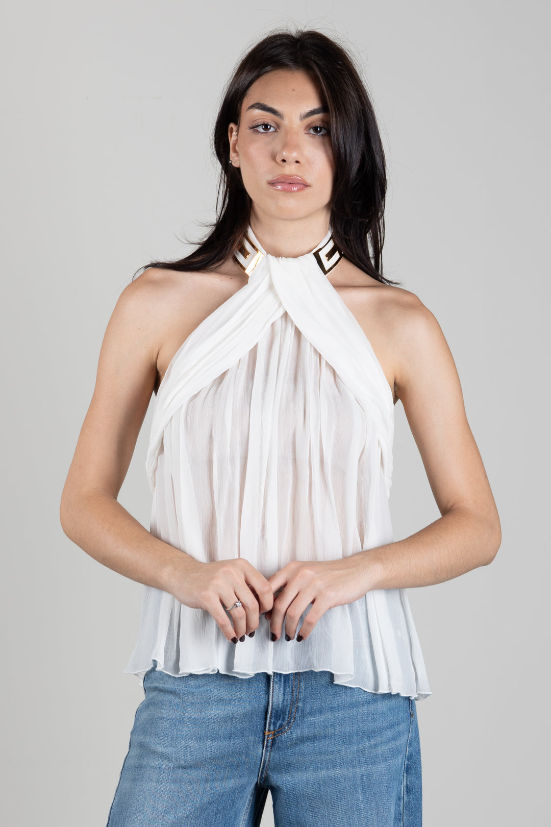 Elisabetta Franchi Top In Crêponne con Logo Gioiello e Placche TO08867E2 AVORIO