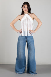 Elisabetta Franchi Top In Crêponne con Logo Gioiello e Placche TO08867E2 AVORIO