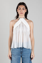 Elisabetta Franchi Top In Crêponne con Logo Gioiello e Placche TO08867E2 AVORIO