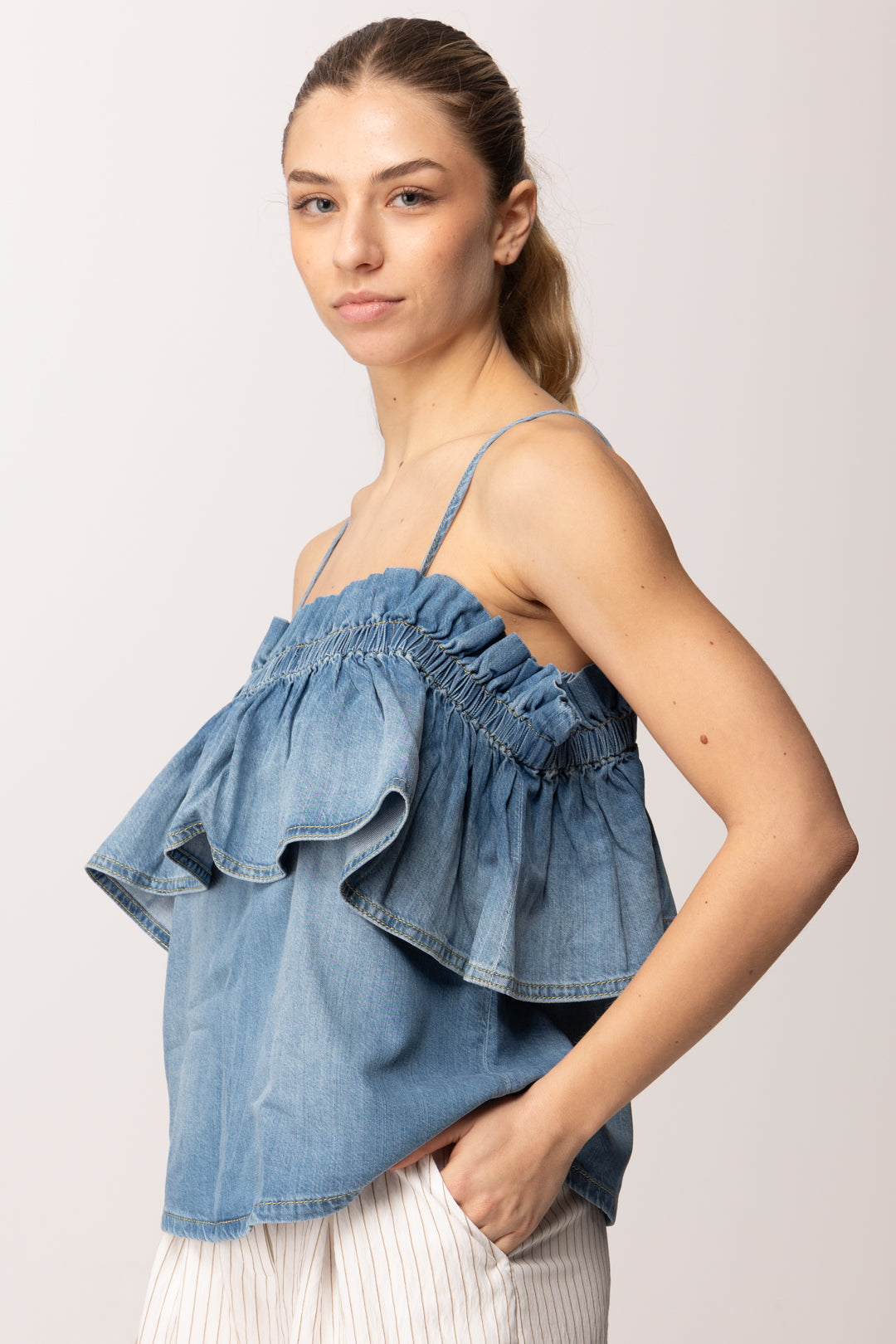Pinko Top In Denim con Volant 106568 A37K PJO