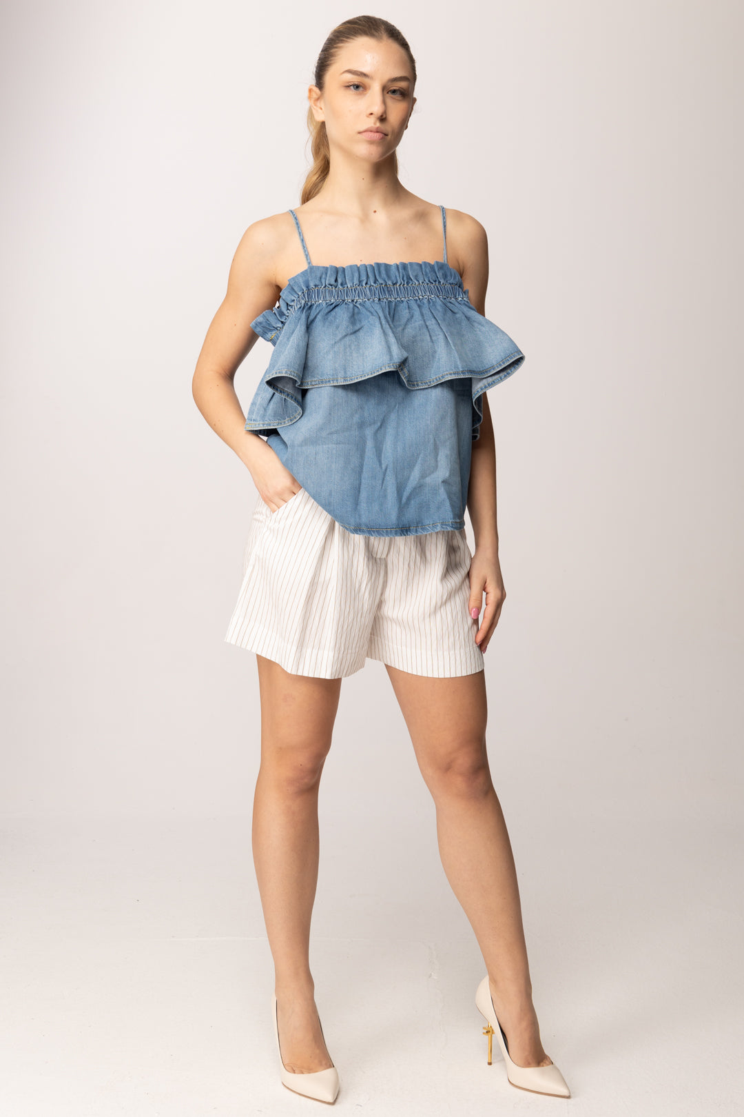 Pinko Top In Denim con Volant 106568 A37K PJO