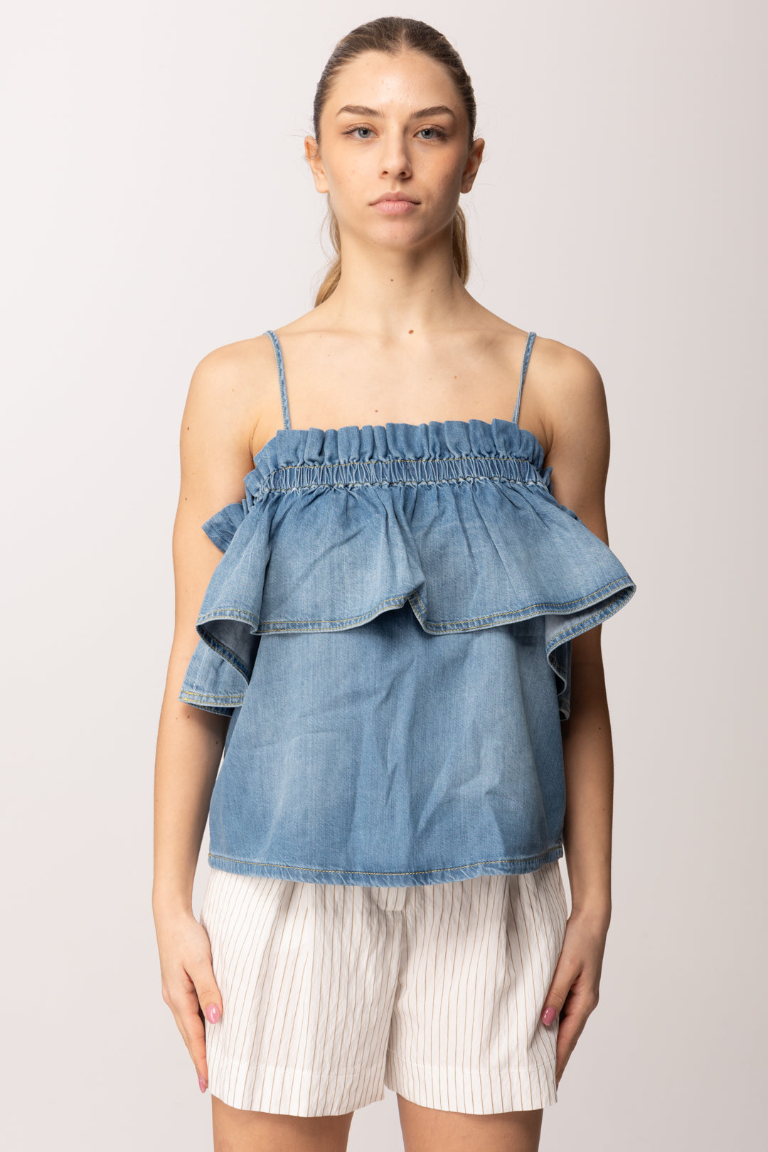 Pinko Top In Denim con Volant 106568 A37K PJO