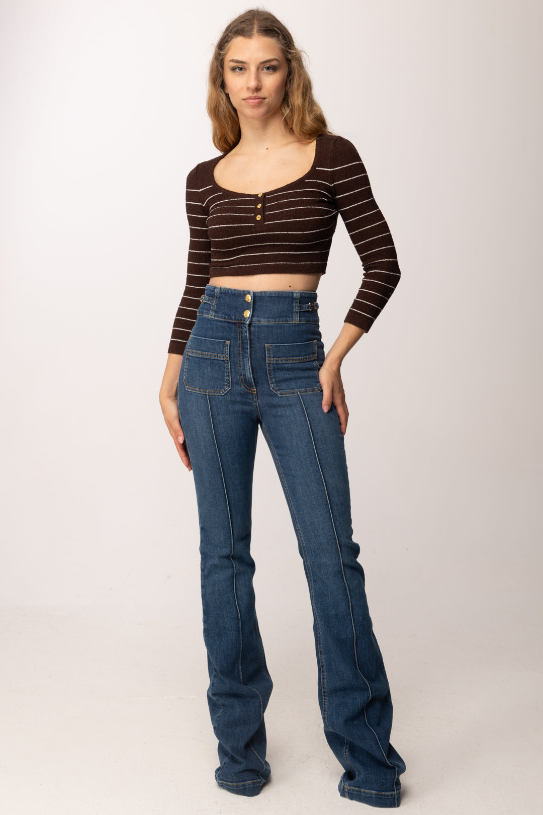 Elisabetta Franchi Top In Filato Di Cotone a Righe MK07Q62E2 CACAO/AVORIO