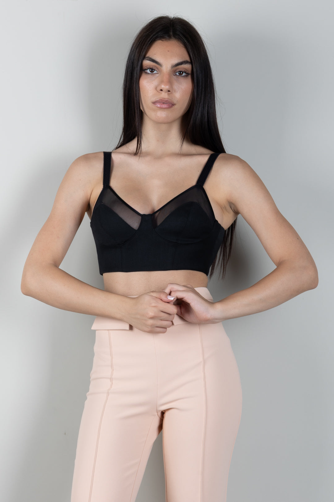 Elisabetta Franchi Top In Fresco Lana e Tulle con Coppe TO06666E2 NERO