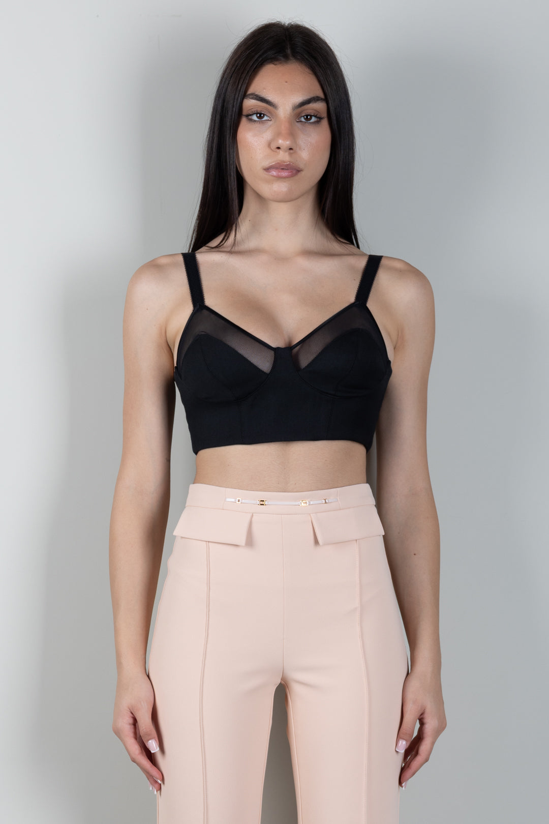 Elisabetta Franchi Top In Fresco Lana e Tulle con Coppe TO06666E2 NERO