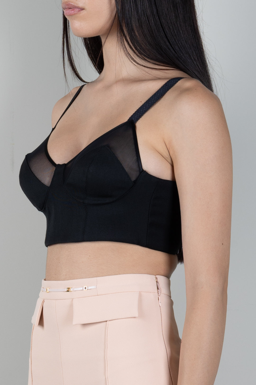 Elisabetta Franchi Top In Fresco Lana e Tulle con Coppe TO06666E2 NERO