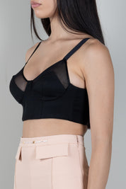 Elisabetta Franchi Top In Fresco Lana e Tulle con Coppe TO06666E2 NERO