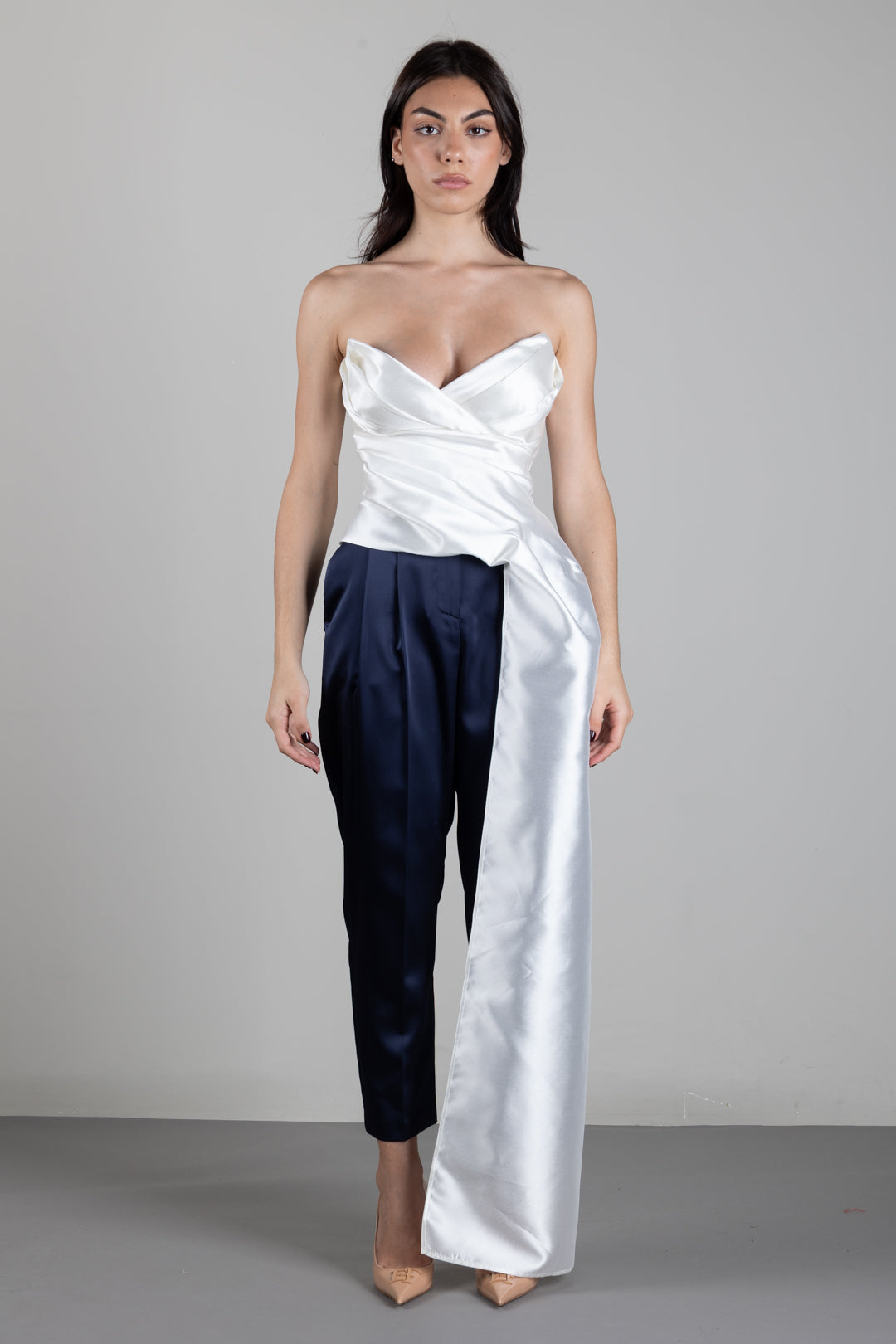Elisabetta Franchi Top In Gazar con Coda Drappeggiata TO08767E2 AVORIO