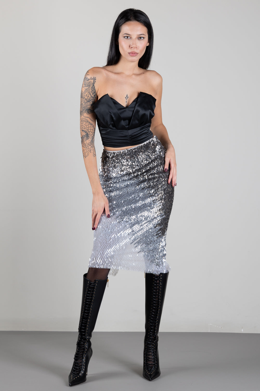 Elisabetta Franchi Top In Gazar con Drappeggio e Allacciatura a Corsetto TO09467E2 NERO